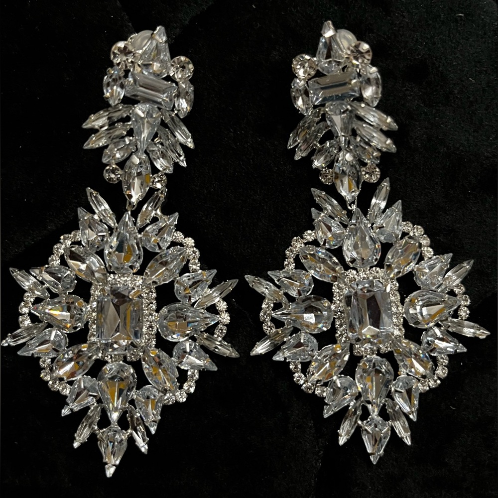 Clip On Rhinestone Statement Chandelier Earrings